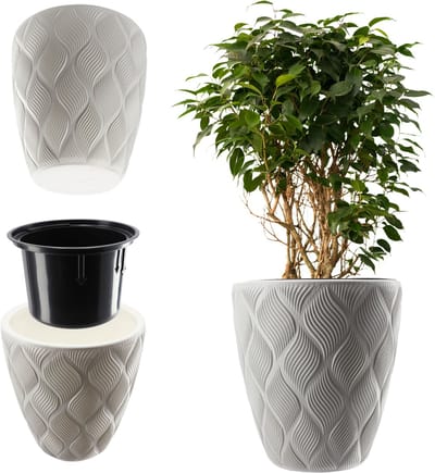 KADAX Bloempot met inzetstuk en handgrepen, plantenbak van kunststof in 5 maten, uv-bestendig, weerbestendig, hoog, met 3D-effect, wit, laag