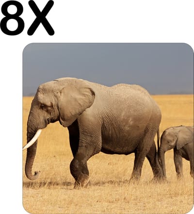 Luxe Placemat - Olifant met Baby Olifant - Set van 8 Placemats - 50x50 cm - 2 mm dik Vinyl - Anti Slip - Afneembaar