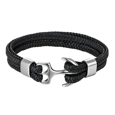 Marama - herenarmband Otis zwart - vegan PU leer - ankersluiting - mannen - stoer - gevlochten - RVS zilver