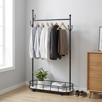 MAZAZU Luxe Kledingrek op Wielen - Zwart & Marmerlook - 177cm Hoog - Verrijdbaar Garderoberek met Schoenenplateau & Haken - Modern Industrieel Design