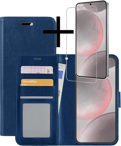 Hoesje - Met Screenprotector - Geschikt voor Samsung Galaxy S24 - Luxe Pasjeshouder - Bookcase Portemonee - Flip Case - Kunstleer Book Case - Flipcase - Book Cover - Walletcase - Portemonneehoes - Donkerblauw