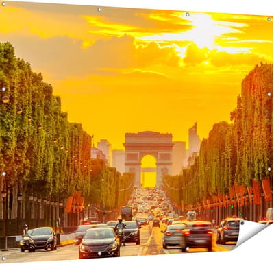 Gards Tuinposter Arc de Triomphe bij de Autoweg - 150x120 cm - Tuindoek - Tuindecoratie - Wanddecoratie buiten - Tuinschilderij