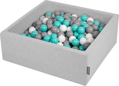KiddyMoon Ballenbak vierkant voor kinderen 90x30cm - 300 kleurrijke ballen ∅7cm - Speelgoed baby schuim - Ballenbad baby foam - Kunststof ballen - Ballenbak ballen - Voor sensorische - Lichtgrijs: Wit Grijs Lichtturkoois
