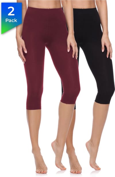 Merry Style MS-MS10-199-LE 2Pack Dames Capri Leggings - Sport - Vrijetijdsbroek - 3/4 Lengte - Katoen- Sporbroek - Yogabroek - Zwart/Wijnrood - XS