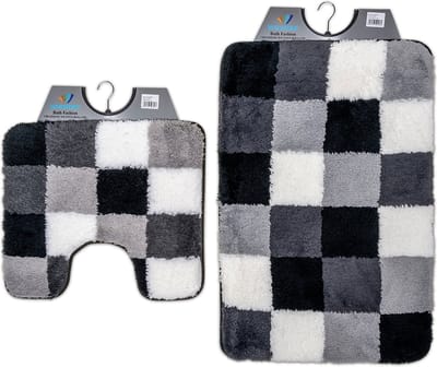 Wicotex - Badmat set met Toiletmat - WC mat met uitsparing Zwart Grijs Wit geblokt - Antislip onderkant