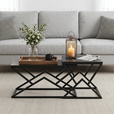 FloraGrace Salontafel - Geometrisch Ontwerp Met Metalen Frame - Voor Woonkamer En Zitruimte - Spaanplaat En IJzer - 80x50x40 Cm - Zwart
