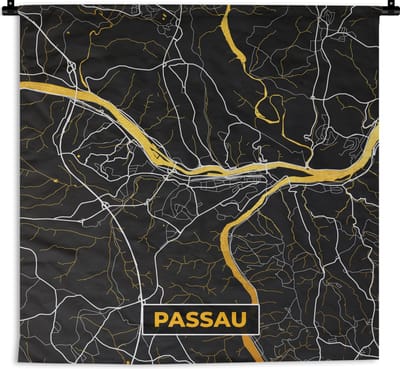 Wandkleed - Wanddoek - Kaart – Plattegrond – Stadskaart – Passau – Duitsland – Goud - 180x180 cm - Wandtapijt
