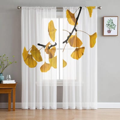 Herfst Gouden Ginkgo Bladeren Raamgordijn voor Woonkamer Huisdecoratie Tule Voile Gordijn voor Keuken Slaapkamer Raam 135W x 114H(cm) white