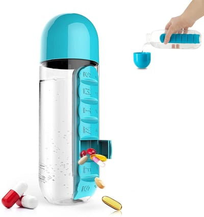 Dailygoods- Pilorganisator 600 ml - 2-in-1 Waterfles/Pillenbox - Draagbare Pillendoos - Grote Capaciteit - Braille-label - Hydratatie