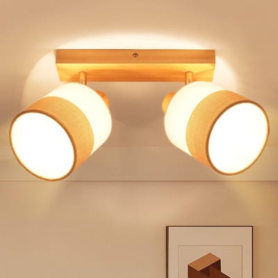 NETTLIFE Opbouwspot - 2xE14 Fitting - wit - Logboekstijl - verstelbaar - LED Plafondlamp - Metaal en Hout - voor Woonkamer | Keuken | Hal | Kantoor | Eetkamer-excl. lichtbron