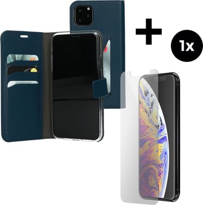 Mobiparts Classic Wallet hoesje geschikt voor Apple iPhone 11 Pro Max met 1 Screenprotector van Gehard Glas - Blauw