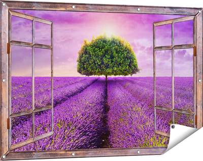 Gards Tuinposter Doorkijk Groene Boom in de Lavendel Bloemen - 120x80 cm - Tuindoek - Tuindecoratie - Wanddecoratie buiten - Tuinschilderij