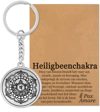 Heiligbeen Chakra (Svadhisthana) Sleutelhanger op Cadeau Kaartje - Zilverkleurig Talisman - Roestvrij Staal - Spiritueel Cadeau - Pax Amare
