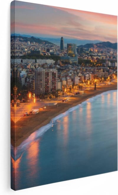 Artaza Canvas Schilderij Stad Aan Zee - 30x40 cm - Klein - Wanddecoratie Kust - Muurdecoratie Strand Barcelona - Kamer Accessoires Skyline