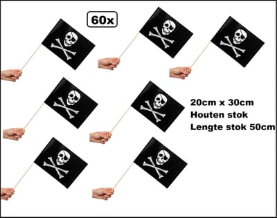 60x Luxe Zwaaivlaggetjes op stok Piraat 20cm x 30cm - lengte stok 50cm - Zwaai vlaggetjes Piraten thema feest festival uitdeel