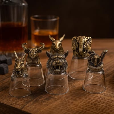 Shotglazen 50ml - Set 6 stuks in geschenkdoos - Mystical Creatures Series - Handgemaakt Glas - Messing Sculpturen - Luxe Geschenkdoos