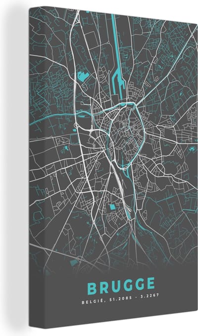 Canvas Schilderij Stadskaart – Grijs - Kaart – Brugge – België – Plattegrond - 20x30 cm - Wanddecoratie