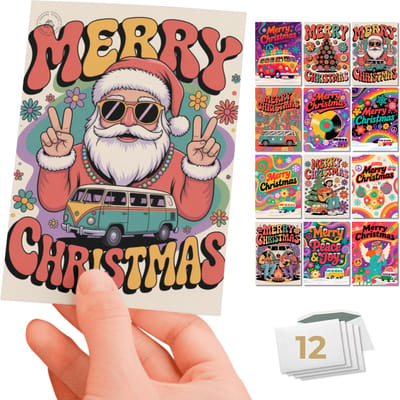 Inspra Studio – Luxe Kerstkaarten met Enveloppen – 12 Stuks – Jaren 60 Wenskaarten Set 1+2 – Artistieke Illustraties met Nostalgische Retro Stijl