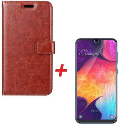 Ntech Hoesje Geschikt Voor Samsung Galaxy A70/A70s Portemonnee hoesje - Zwart Met Tempered Glas