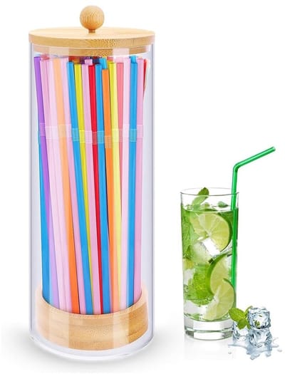 Dailygoods- Rietjeshouder met bamboedeksel - Rietjesdispenser - Rietjesorganizer - Kunststof - Duurzaam - Stofdicht en vochtbestendig