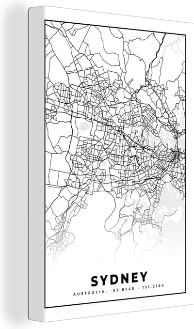 Canvas Schilderij Sydney - Zwart Wit - Plattegrond - Stadskaart - Kaart - 20x30 cm - Wanddecoratie