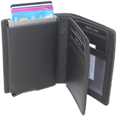 OI zwarte leren portemonnee met Figuretta pasjeshouder / kleine billfold met cardprotector en plek voor veel pasjes / klein compleet portemonneetje met anti skim kastje / leren beursje met metalen pasjeshouder / anti skim / zwart leer / 144
