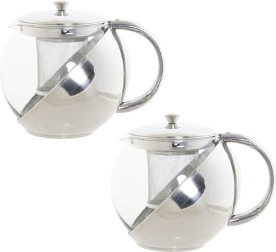 Set van 2x stuks theepotten van glas en RVS 1100 ml met filter/infuser en handvat