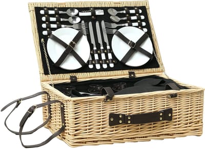 Killogood Wilgen picknickmand picknickkoffer voor 4 personen met geïsoleerd koelvak bestekset naturel hout