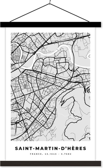 Posterhanger incl. Poster 40x60 cm - Schoolplaat - Plattegrond - Kaart - Stadskaart - Frankrijk - Saint-Martin-d'Hères - Textielposter - Zwarte latten - Stadskaart