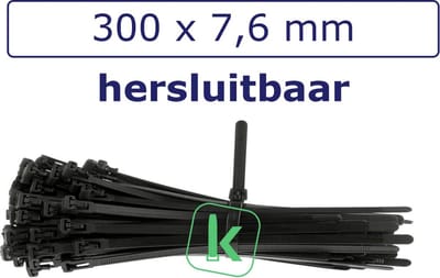 PRO-TIE® - Tyraps, kabelbinders Hersluitbaar 300 x 7,6 mm Zwart UV bestendig (Zak 100 stuks) (tiewrap/tyrap/tie-wrap/bundelbandje/colsonbandje/)