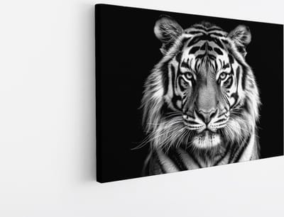 Saammp Canvas Schilderij - Tijger - Zwart-Wit - Portret - Natuur - Dieren - 30x20 - Foto op canvas - Wanddecoratie - muurdecoratie Woonkamer - Slaapkamer decoratie - Canvas Print