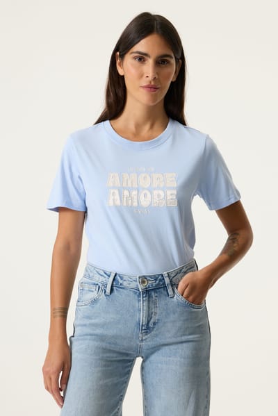 GARCIA Dames Tekst Print T-shirt Blauw Korte mouw