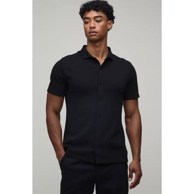 Slim Fit Piqué Overhemd Met Button-down Kraag Van Jersey | Black | Size XS