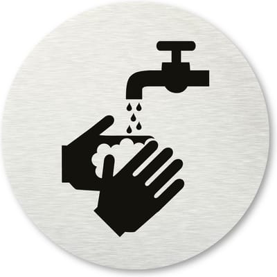 Pictogram Handen wassen - aluminum rvs look - deurbordje - 8,5 x 8,5 cm - zelfklevend - rond