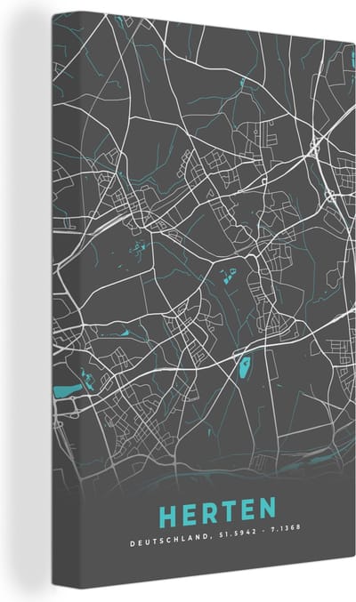 Canvas Schilderij Herten – Stadskaart – Blauw – Plattegrond – Stadskaart – Kaart - Duitsland - 20x30 cm - Wanddecoratie