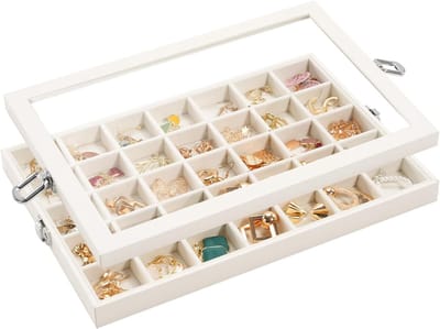 Famanu – Sieradenorganiser met deksel, 35 compartimenten, fluwelen opbergdoos voor oorbellen en ringen, beige