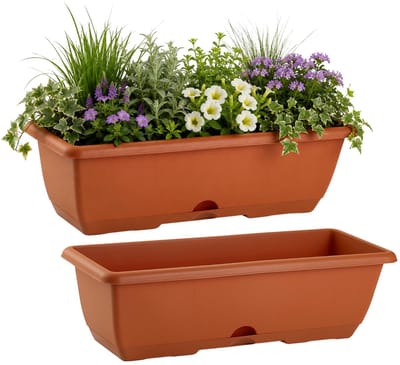 PlasticForte Plantenbak terra cotta - 2x - 60 x 20 x 17 cm - Bloembakken voor balkon railing in Terrabalkon stalen houder
