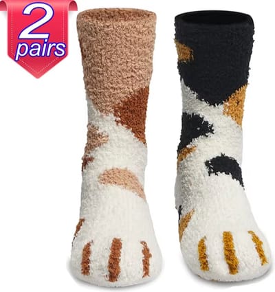 Fluffy dames sokken - 2 paar - huissokken - warme sokken - bruin - wit - leuke print kat - gestipt - 36 - 40 - cadeau voor haar - Kerst cadeau - geschenk vrouwen - verjraadagscadeau