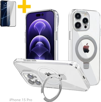 Hoesje voor iPhone 15 Pro, Compatibel met MagSafe, Magnetische Case met 360° Draaibare Standaard, Anti-Verkleuring Hoes, PC Lichtgewicht-Zilver - Screenprotector