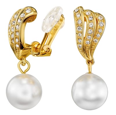 Traveller Clip Oorbelen - Oorclips Dames - Hanger - Goudkleurig - Parels - 10 mm - Wit - Kristal - Verguld 22 kt - 114256
