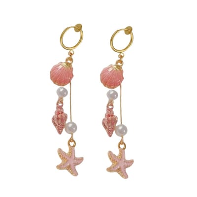 klem oorbellen- ibiza -roze -schelp en zeester- goudkleurig- geen gaatje- Lang- Charme Bijoux