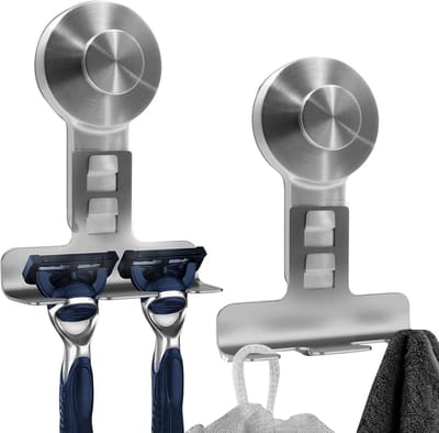 2Pack scheermeshouders met zuignap voor douchewand, krachtige zuighaken voor scheermes, handdoek, telefoon, afneembare, schadevrije metalen douchehaak, zilver