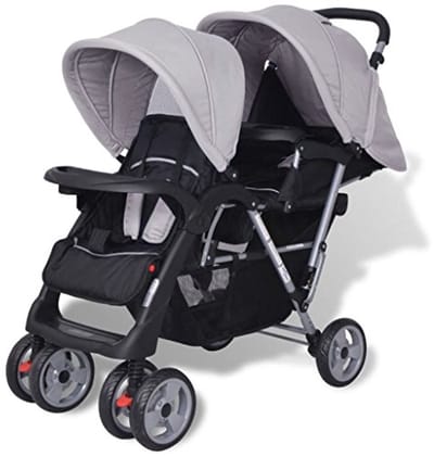 Dubbele Kinderwagen voor 1-2 Kinderen - Geschikt tot 15 kg - Grijs en Zwart
