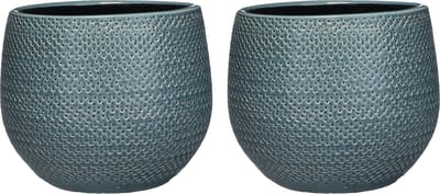 Mica Decorations Plantenpot - Set van 2x stuks - blauw - geribbeld - 18 x 16 cm - plantenpotten