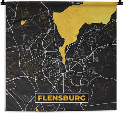 Wandkleed - Wanddoek - Flensburg - Goud - Stadskaart - Plattegrond - Kaart - Duitsland - 180x180 cm - Wandtapijt