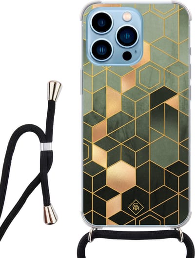 Casimoda® hoesje met koord - Geschikt voor iPhone 13 Pro Max - Kubus Groen - Afneembaar koord - Siliconen/TPU - Groen