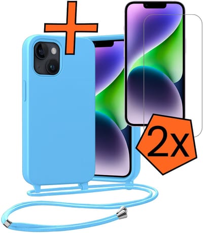Hoesje Geschikt voor iPhone 13 Mini Hoes Met Telefoonketting Met 2x Screenprotector - Backcover Geschikt voor iPhone 13 Mini Case Met Koord - Lichtblauw