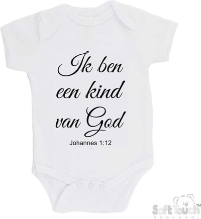100% katoenen Romper "Ik ben een kind van God Johannes 1:12" Unisex Katoen Wit/zwart 62/68