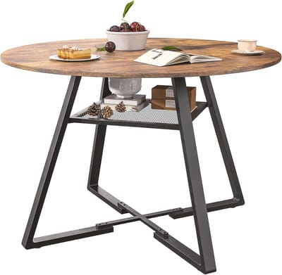 Ronde Eettafel 120 cm - Houten Tafelblad met Metalen Voet voor 4-6 Personen - Multifunctionele Tafel voor Keuken, Woonkamer, Kantoor, Café, Restaurant - Bruin en Zwart - Opbergrek Onder Tafel - 120 kg Draagvermogen