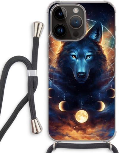 Case Company® - Hoesje met koord geschikt voor iPhone 14 Pro Max hoesje met Koord - Wolf Dreamcatcher - Telefoonhoesje met Zwart Koord - Bescherming aan alle Kanten en Over de Schermrand